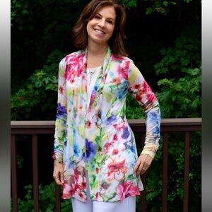 Susan Graver Multicolor Floral Lightweight Mesh Open Cardigan Size Large Petite